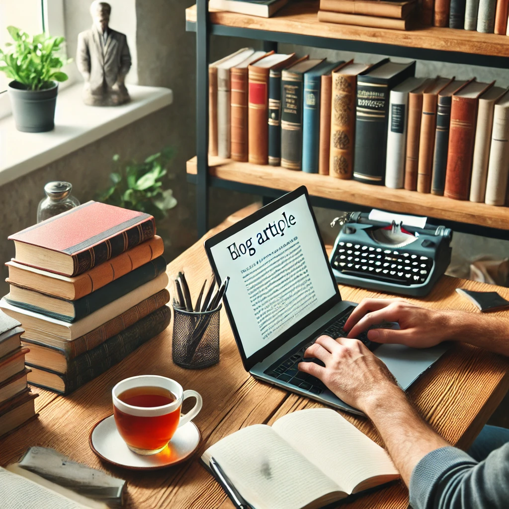 somebody writing a blog article on a pc, ai generated