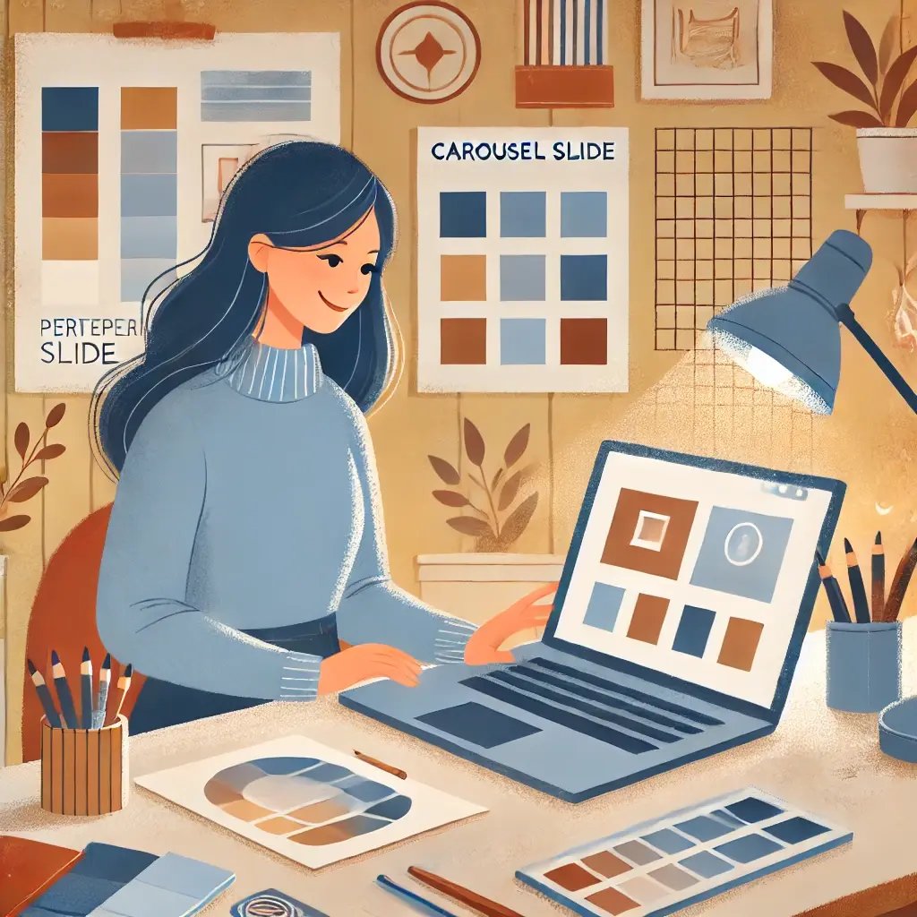 A cheerful and professional illustration of a woman designing a carousel slide on a laptop in a cozy and creative workspace. The scene features tones 