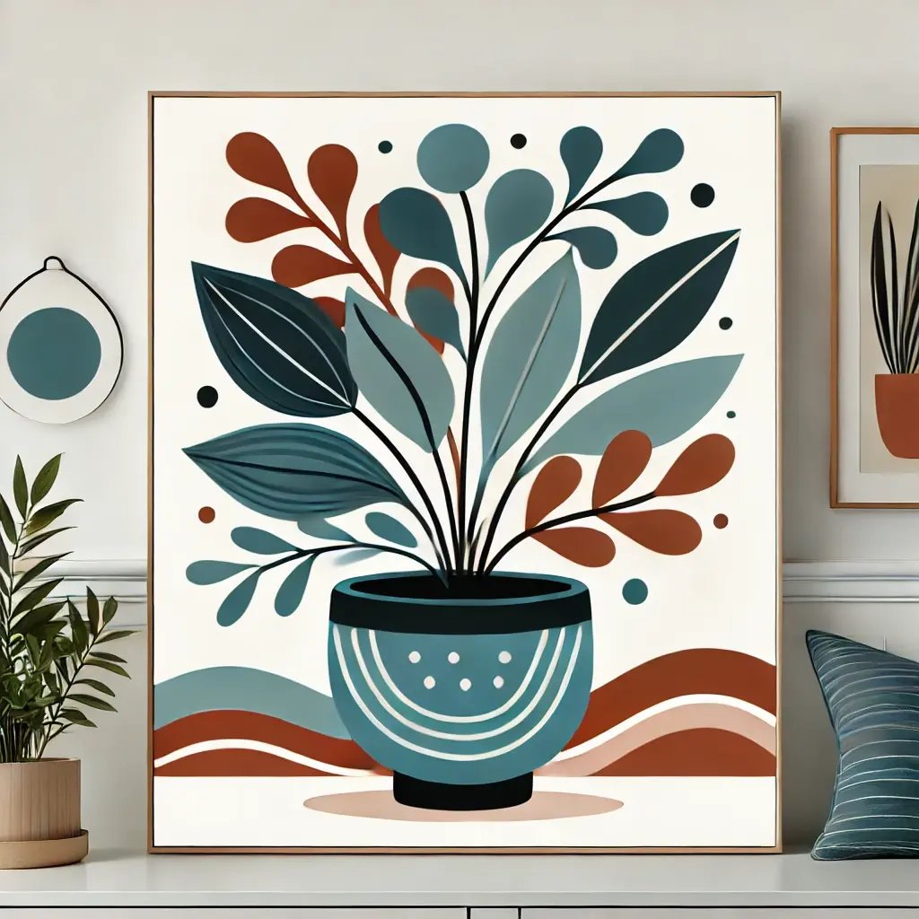 A cheerful and professional illustration of a stylish potted plant, featuring tones of petroleum blue and burnt sienna. The plant has lush, abstract l