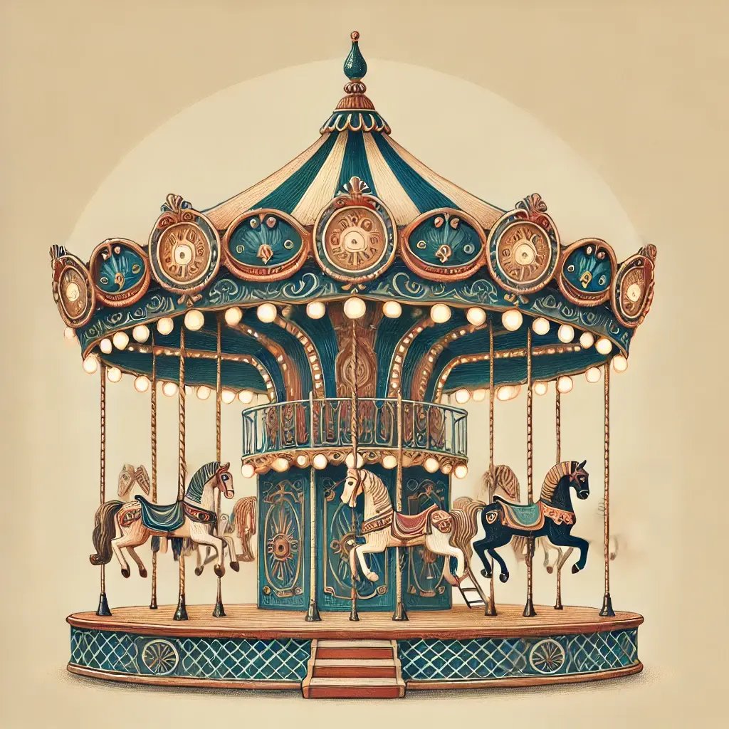 A cheerful and whimsical illustration of a vintage-style carousel from an old-fashioned fairground. The carousel features ornate details, colorful hor