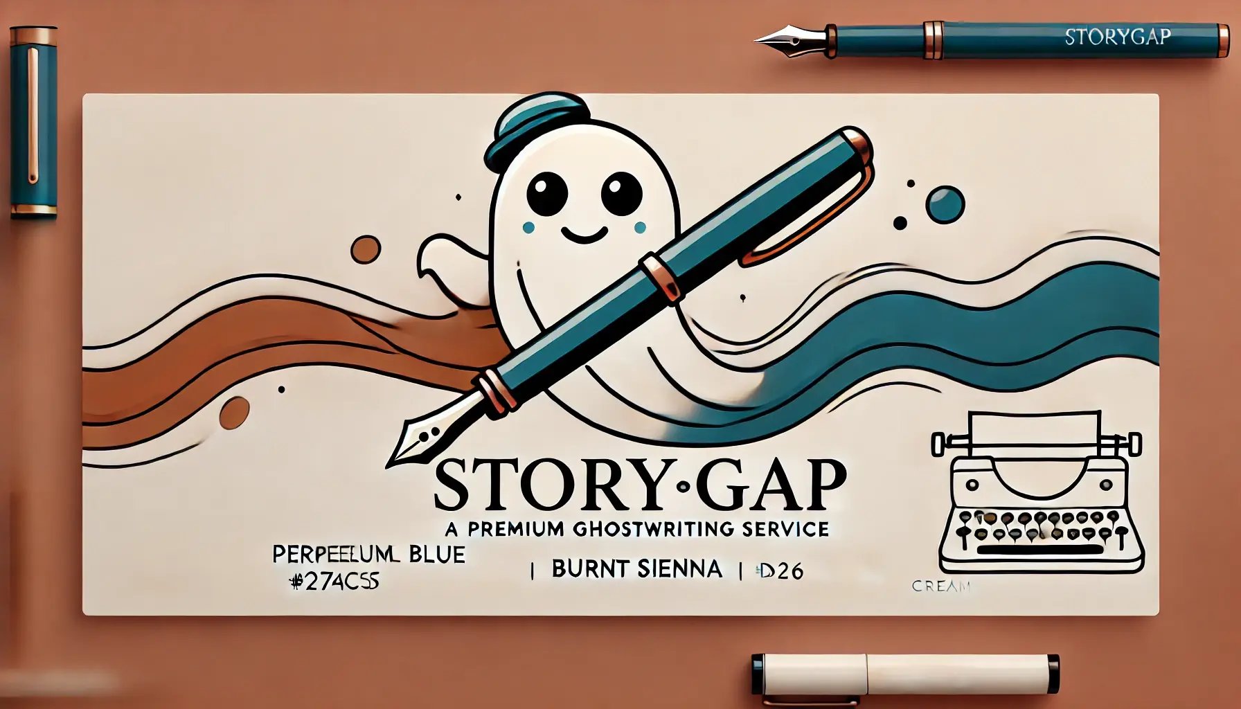  A modern and minimalistic banner image for Storygap, a premium ghostwriting service, designed in its brand colors_ petroleum blue (#274C5E), burnt sie