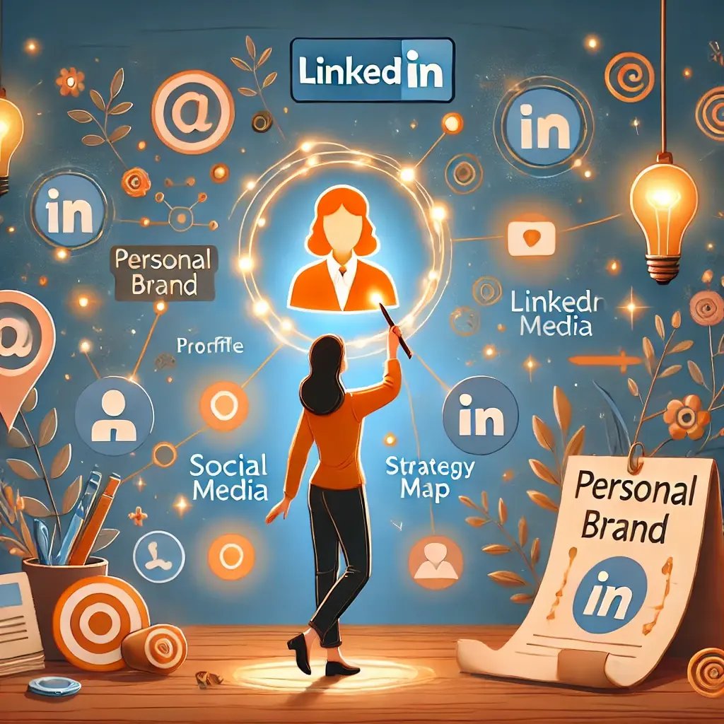 DALL·E 2025-02-06 17.02.57 - A playful and professional illustration in the SkriveSina style, showing a person crafting their personal brand. They are surrounded by floating ele