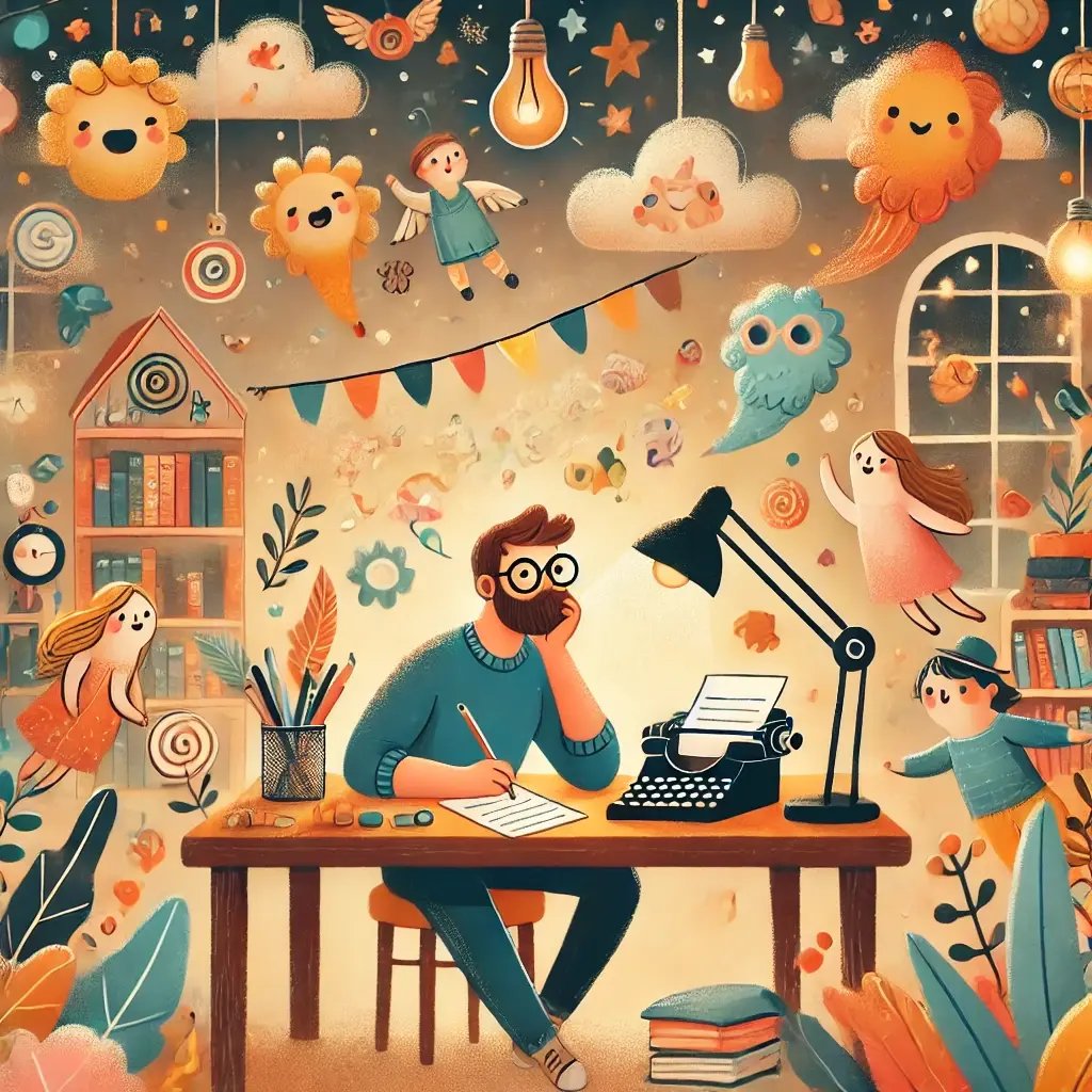 A charming and playful illustration in the SkriveSina style, depicting a writer at a large wooden desk, lost in thought while writing a book. Around-1