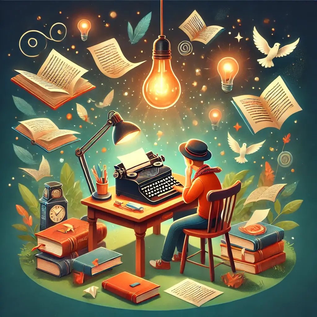 DALL·E 2025-02-06 17.03.04 - A whimsical and creative illustration of a character in the SkriveSina style, sitting at a cozy desk, surrounded by floating pages, books, and a glo