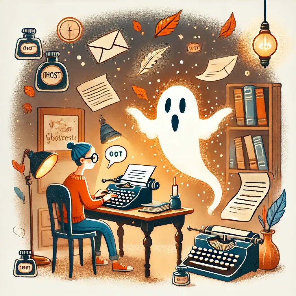 A whimsical and creative illustration in the SkriveSina style, depicting the concept of ghostwriting. A character sits at a cozy desk, typing on a g